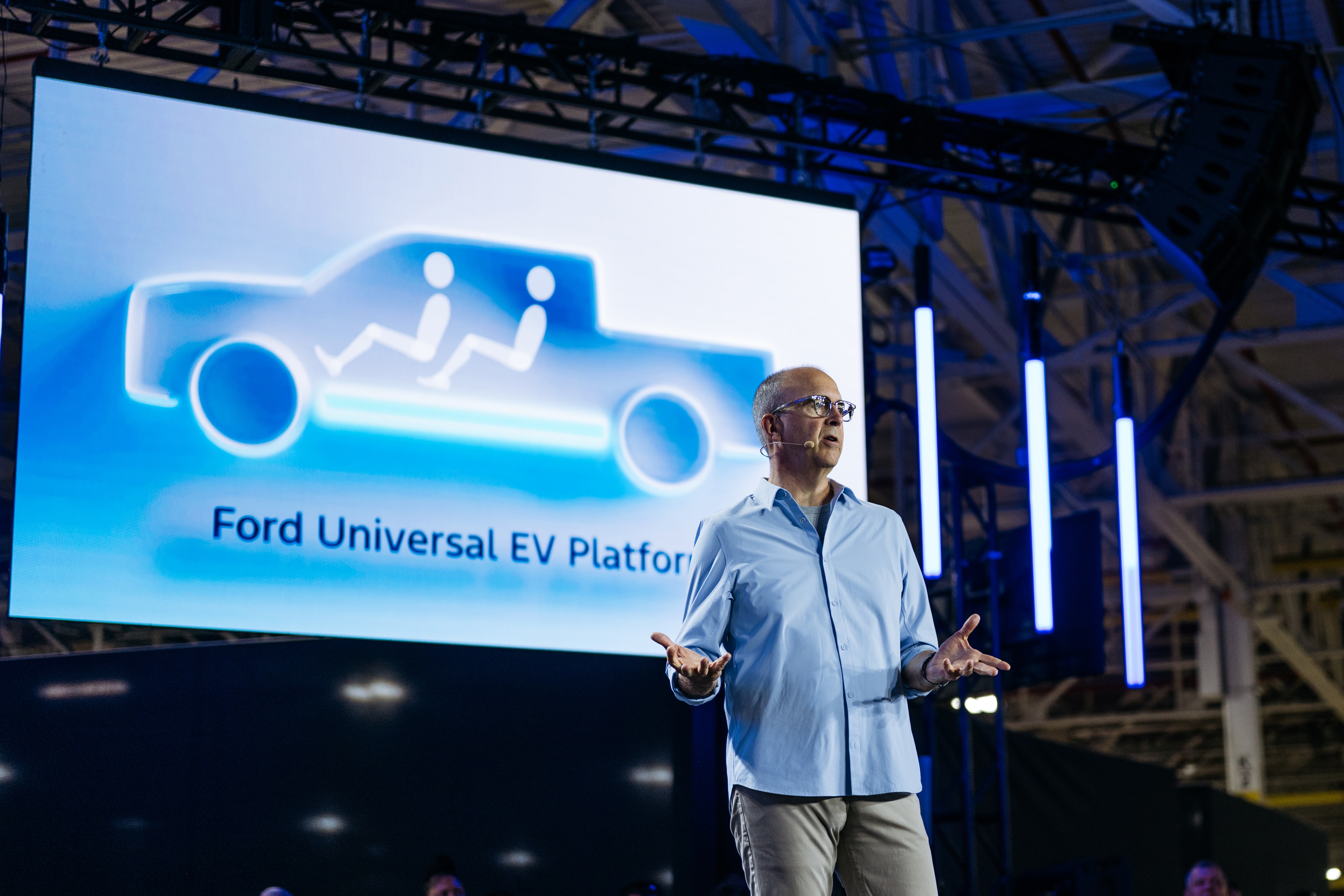 Doug Field, the chief EV, digital and design officer at Ford Motor Company, speaks at Louisville Assembly Plant as Ford shares its plans to design and assemble breakthrough electric vehicles in America on August 11, 2025.